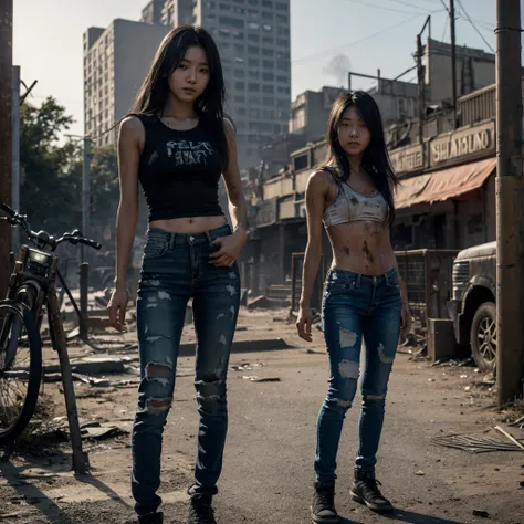 19 year old Korean girl, skin fair, some scratches on the body and a little dirty, in a post apocalyptic zombie world, tight shiny black jeans, tight black cropped short, holding an epée, scenery around city destroyed by zombies, dark environment at night,...