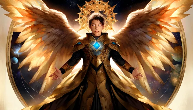 male character, Arcanjo Miguel, celestial image, details Intricate, realistic, ROSES and big wings, angelic background, Catholic illustrative depiction of the Arcanjo Miguel, male character of the Bible, Michael is dressed in angelic armor, Space backgroun...