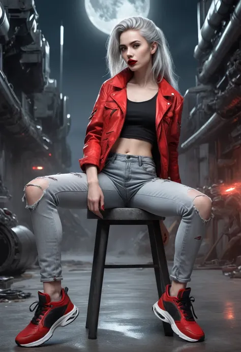 (Sci-fi fantasy), (Masterpiece), (professional oil painting) (best quality), (8k resolution), (1 beautiful girl), ((pale gray skin)), (iron gray skin), ((jeans clothes)),(red jacket)), ((black t-shirt underneath), ((red lipstick)), ((black sneakers)), (com...