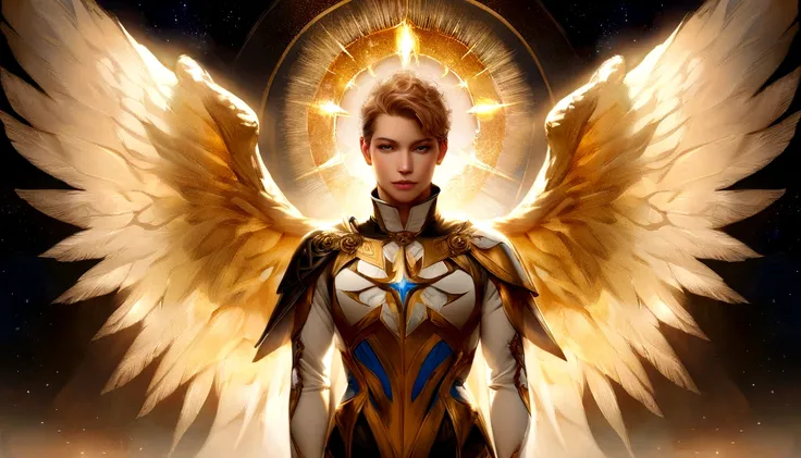 male character, Arcanjo Miguel, celestial image, details Intricate, realistic, ROSES and big wings, angelic background, Catholic illustrative depiction of the Arcanjo Miguel, male character of the Bible, Michael is dressed in angelic armor, Space backgroun...