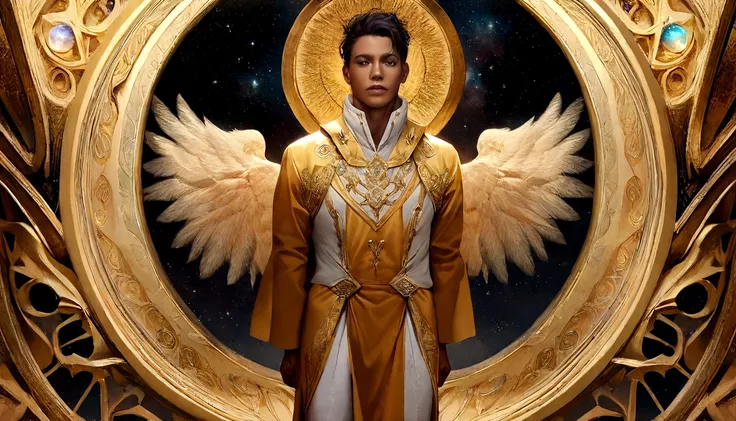 male character, Arcanjo Miguel, celestial image, details Intricate, realistic, ROSES and big wings, angelic background, Catholic illustrative depiction of the Arcanjo Miguel, male character of the Bible, Michael is dressed in angelic armor, Space backgroun...