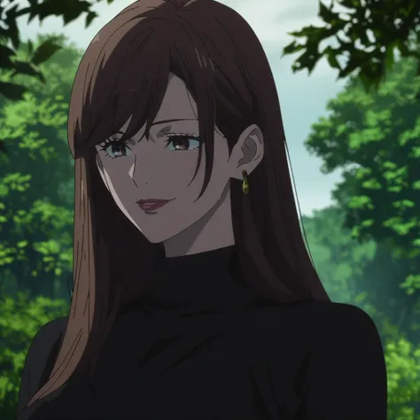 1girl, female gojo satoru, anime screencap from jujutsu kaisen, gojo satoru female version, solo, long_straight hair, blue eyes ((Dark Brown_hair, straight hair)), forest background (hanging breasts) upper_body, smile, brown_eyes, lips (straight hair, swep...