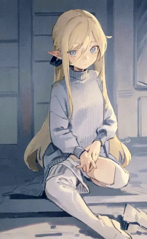 ((anime, 1girl, solo, best quality, masterpiece, beautiful shading, high details)), blonde hair, light blue eyes, eyebags, long eyelashes, tired, light blue sweatshirt, no pants, light blue and white striped panties,