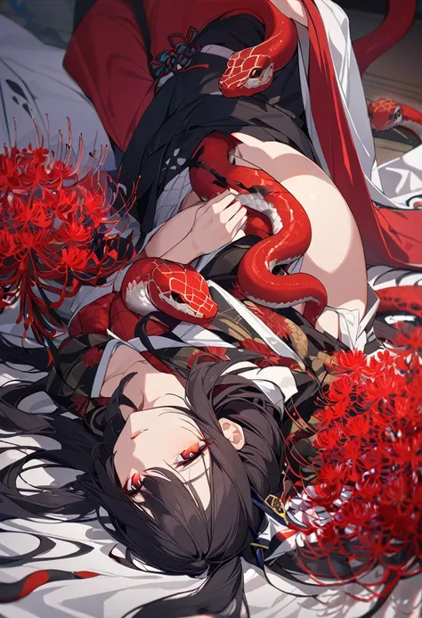 One woman, masterpiece, best quality, beautiful woman, black hair, long hair, hair accessory, red pupils, kimono, snake, red spider lily, lying on ones back, anime