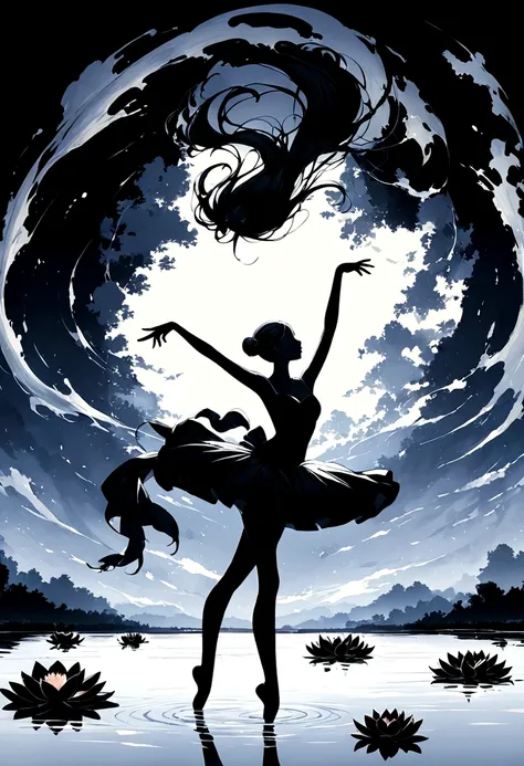 rainstorm，Rain splash，Huge waterspout，Girl shows black silhouette,Contrast with bright background,ballet silhouette,High contrast,Silhouette ballerina on the lake,lotus, lily pad，Shooting against the light，