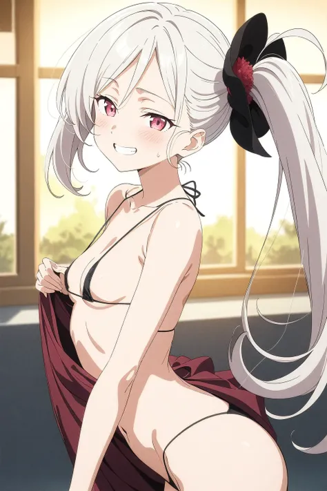 best quality, amazing quality, very aesthetic, absurdres, (1girl, mutsuki, blue archive, solo, red eyes, white hair, side ponytail), (realistic face:0.9),(string panties:1.8),dress lift, (grin, blush, thigh:1.3), (cowboy shot), (glowing eyes), (half closed...