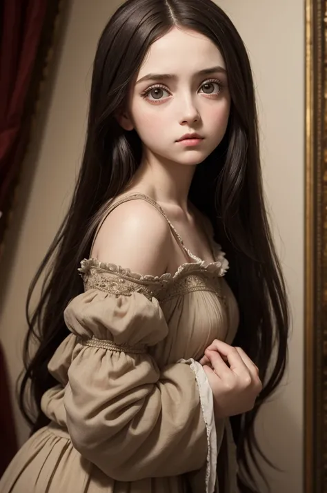 Make a Renaissance painting of a girl with dark hair and big eyes 