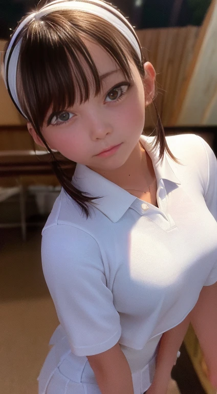 One girl, alone, White polo shirt, White sneakers, Tennis Wear, White mini skirt, masterpiece, Highest quality, Realistic, Ultra-detailed, (Shiny skin, Sweaty:1.4), Absurd, View your viewers, Short black hair, Brown eyes, thin, Dynamic Lighting, High resol...