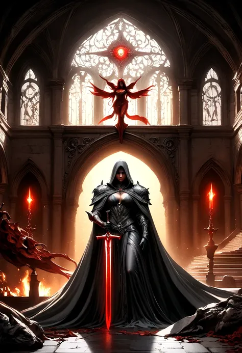 Holy church background，The messenger of hell descended the stairs，Arad woman in black dress，A gray cloak covers the face，Bronzed spiked armor，Magnificent、Mystery，With a feeling，Holding a crimson sickle on the stairs，Dark fantasy art, Abaddon and Magalieu V...