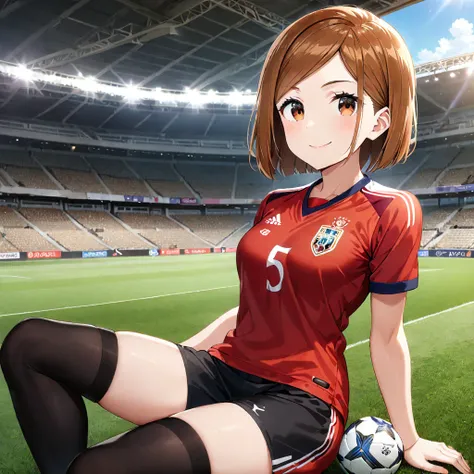 1girl, sportswear, soccer uniform, brown hair, solo, brown eyes, thighhighs, short hair, looking at viewer, sitting, shorts, smile, kugisaki nobara, stadium, shirt, black thighhighs, closed mouth, short sleeves, breasts, soccer, bangs, outdoors, ((medium q...