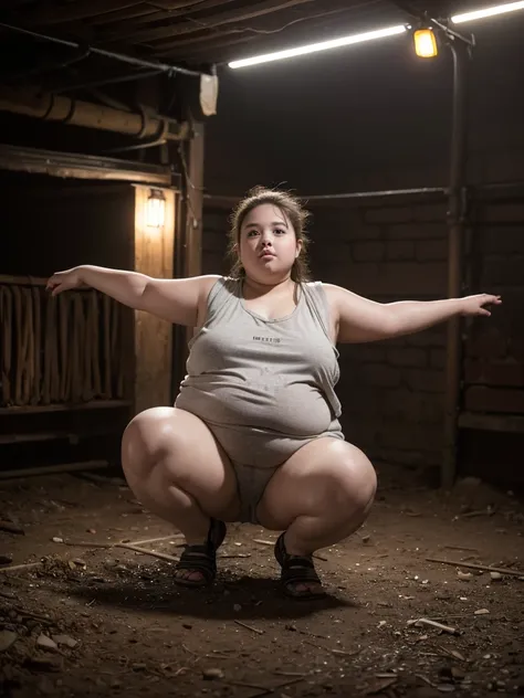 A very fat, obese 10-year-old girl in an underground prison, looking excited, detailed facial features, (best quality,4k,8k,highres,masterpiece:1.2),ultra-detailed,(realistic,photorealistic,photo-realistic:1.37),HDR,UHD,studio lighting,ultra-fine painting,...