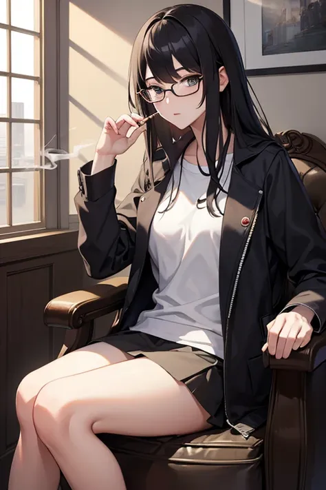 highest quality、masterpiece、high sensitivity、high resolution、detailed description、slender women、glasses、casual clothes、smoke a c...