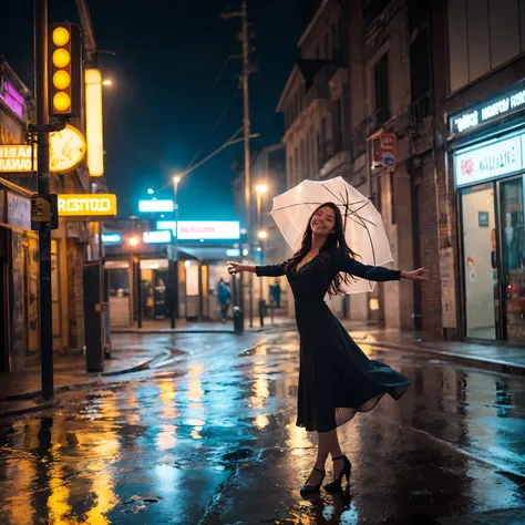 hyperrealistic, detailed, cinematic, 8k resolution illustration of a young, beautiful woman with flowing hair dancing in a rainy city street. She is wearing an elegant dress, smiling with her eyes closed, and her arms are outstretched,  She is carefree, an...