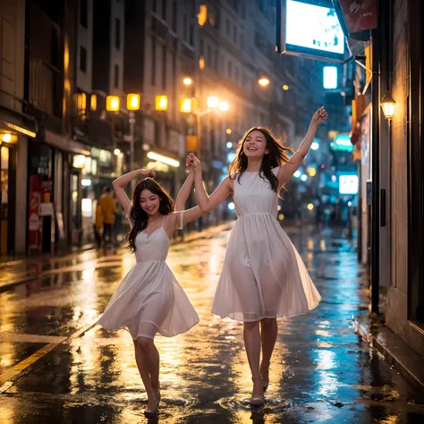 hyperrealistic, detailed, cinematic, 8k resolution illustration of a young, beautiful woman with flowing hair dancing in a rainy city street. She is wearing an elegant dress, smiling with her eyes closed, and her arms are outstretched,  She is carefree, an...