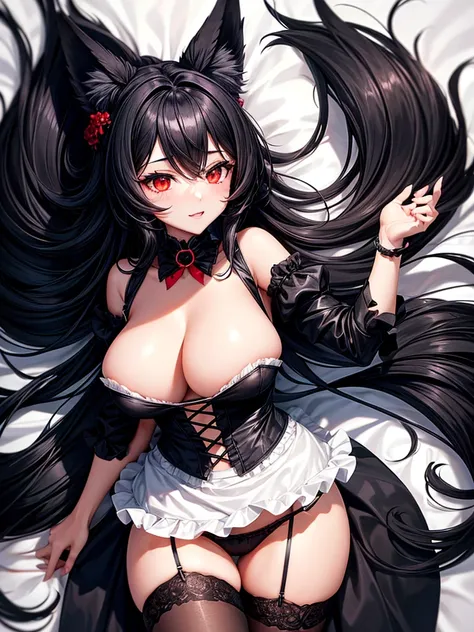 Black fox hybrid maid woman, wears a short maid outfit showing her panties, has long black fuzzy hair, has red eyes, has big breasts, has fox ears and fox tail, yandere and it is possessive.