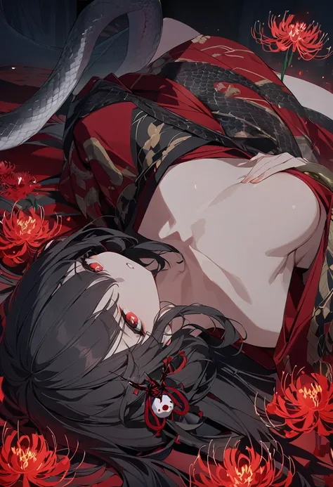 One woman, masterpiece, best quality, beautiful woman, black hair, long hair, hair accessory, red pupils, kimono, snake, red spider lily, night, lying on ones back, anime