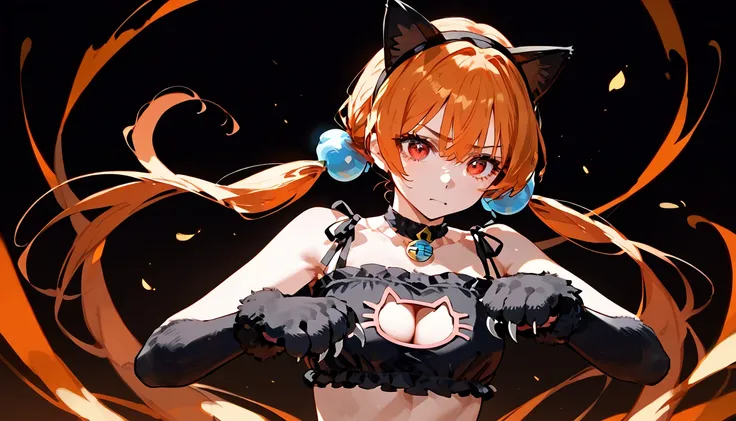 anime artwork, score_9, score_8_up, score_7_up, score_6_up, score_5_up, score_4_up,alisasr, 1girl, orange hair, red eyes, fake black cat ears, hairband, long hair, very long hair, twintails, hair ornament, hair bobbles, low twintails,,   , cat lingerie, pa...