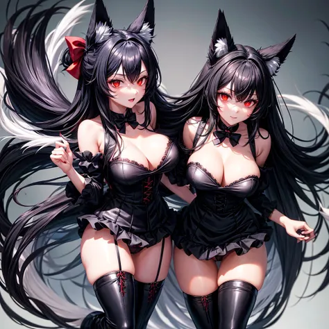 Black fox hybrid maid woman, wears a short maid outfit showing her panties, has long black fuzzy hair, has red eyes, has big breasts, has fox ears and fox tail, yandere and it is possessive, wears black boots with bows.