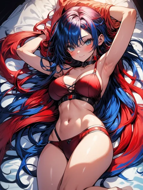 (masterpiece, best quality), 1girl, solo, (red streaked hair), (blue hair), green eyes, slim, large breasts, long hair, sexy, bed, arms out, red lingerie