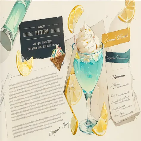 there is a drawing of a drink with ice cream and lemon slices, inspired by Carlo Martini, inspired by Ndoc Martini, watercolor illustration style, official artwork, inspired by Gregorio Prestopino, mixed media style illustration, amazing food illustration,...