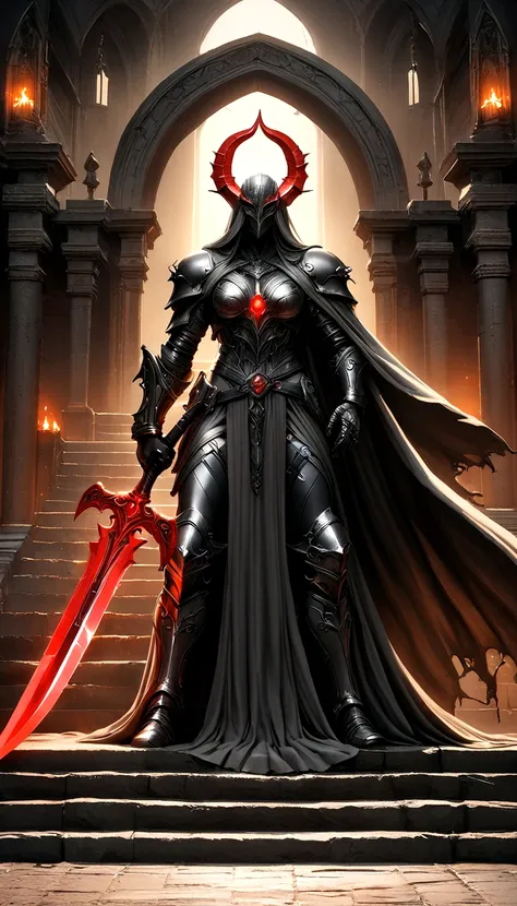 Holy church background，The messenger of hell descended the stairs，Arad woman in black dress，A gray cloak covers the face，Bronzed spiked armor，Magnificent、Mystery，With a feeling，Holding a crimson sickle on the stairs，Dark fantasy art, Abaddon and Magalieu V...