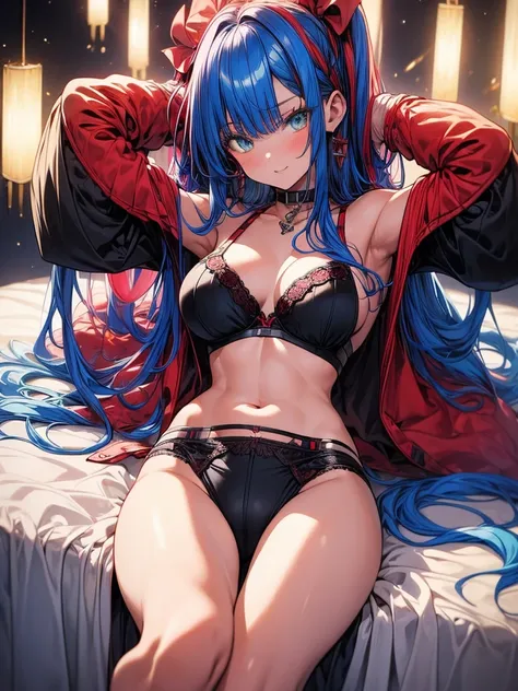 (masterpiece, best quality), 1girl, solo, (red streaked hair), (blue hair), green eyes, slim, large breasts, long hair, sexy, bed, arms out, balck bra, pink panties