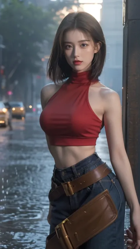 ((best quality, 8K, masterpiece:1.3)), Key Points:1.2, Perfect body beauty:1.4, Hips:1.2, ((Layered Hairstyle, breast:1.2)),  sleeveless (Boss, Red cropped top:1.1) ,jeans, (rain, street:1.3), , Highly detailed face and skin textures, Beautiful eyes, Doubl...