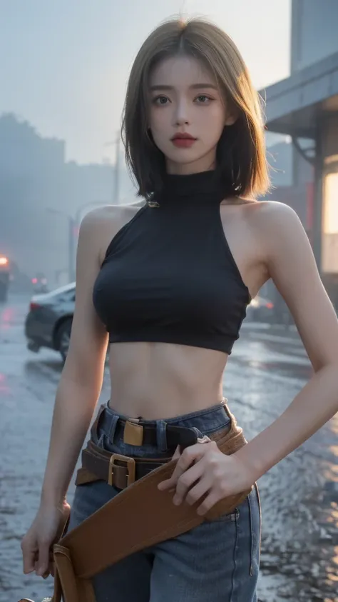 ((best quality, 8K, masterpiece:1.3)), Key Points:1.2, Perfect body beauty:1.4, Hips:1.2, ((Layered Hairstyle, breast:1.2)),  sleeveless (Boss, Red cropped top:1.1) ,jeans, (rain, street:1.3), , Highly detailed face and skin textures, Beautiful eyes, Doubl...