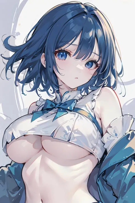 1girl,solo,(A face seen from afar),closeup underboob,(closeup underboob,underboob focus:1.3),lying on bed,perspective,arch bend,mochi shaped breasts,deformed breasts,blue hair,Cobalt Hair,Short hair