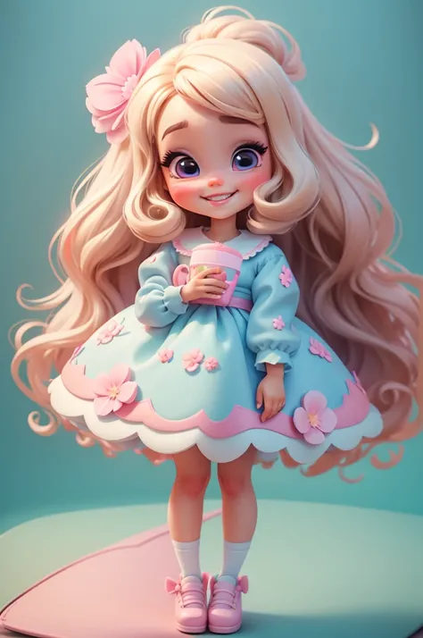 digital illustration baby girl kid, realistic, imvu style, extravagant, vivid picture, (masterpiece, best quality:1.2),，barbie, big eyes，blonde, pink fushia bow in hair, Cute expression，with light blue cotton candy in hand, perfect, nitid, center photo, wh...