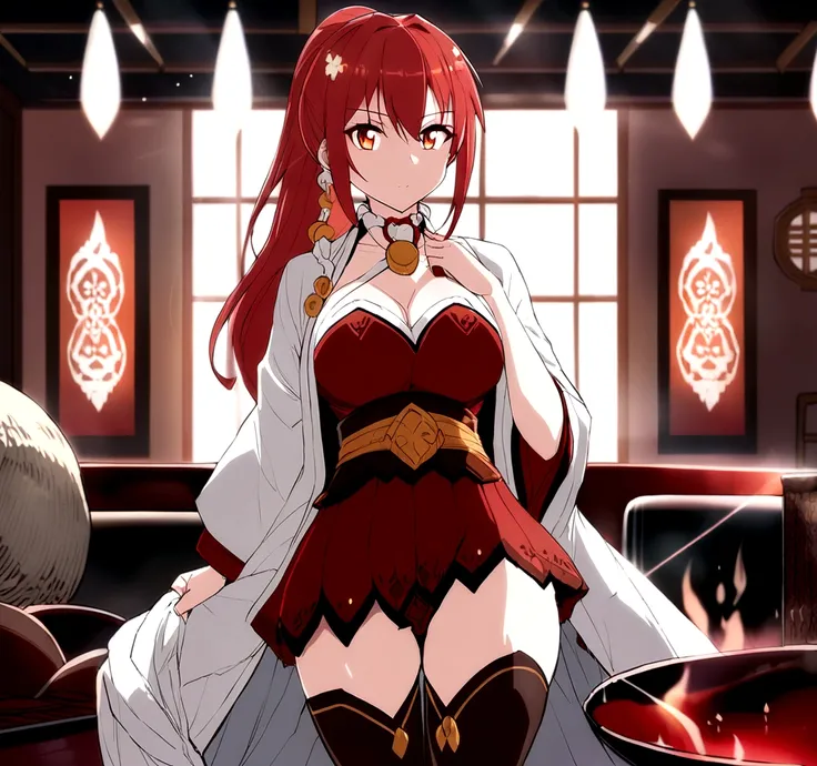 1 woman, japanese clothes, ponytail ,red hair, RED AND GOLD eyes (RED AND GOLD), magic fire circle, fire fire, flames, wallpaper, landscape, blood, blood splatter, depth of field, night, light particles, light rays, sidelighting, thighs, fate (series), wut...