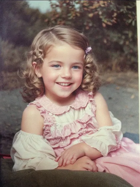 Small  with pale, silky, short light brown hair with small curls and light blue eyes, taking a photo smiling showing the distracted tongue and the quality of old cameras