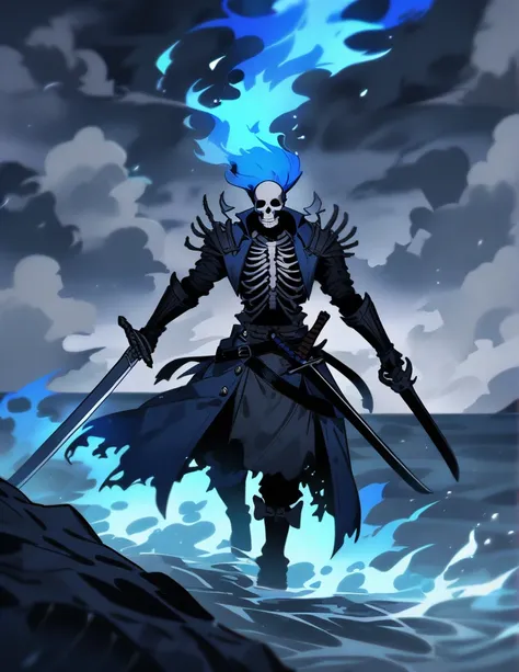 skeletons armed with swords, coming out of the blue fire ground, on a stormy gray night, with the sea in the background