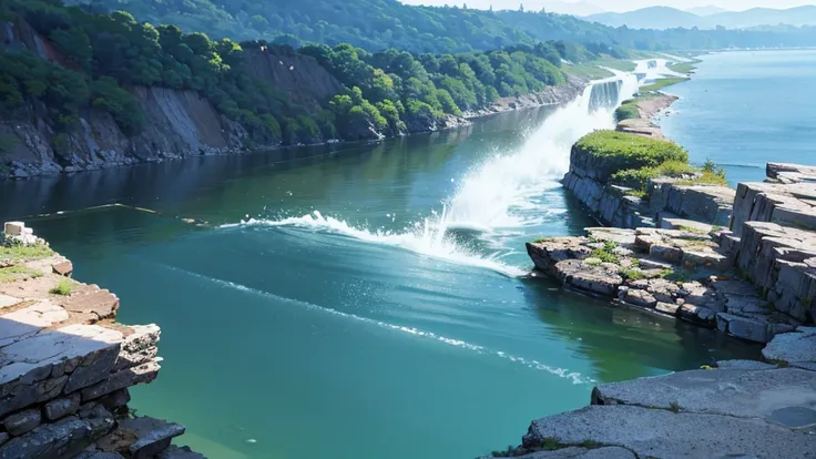 A drop of water falling into a beautiful river