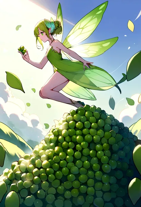 a  fairy flying over a pile of Peas , holding one pea on her hand