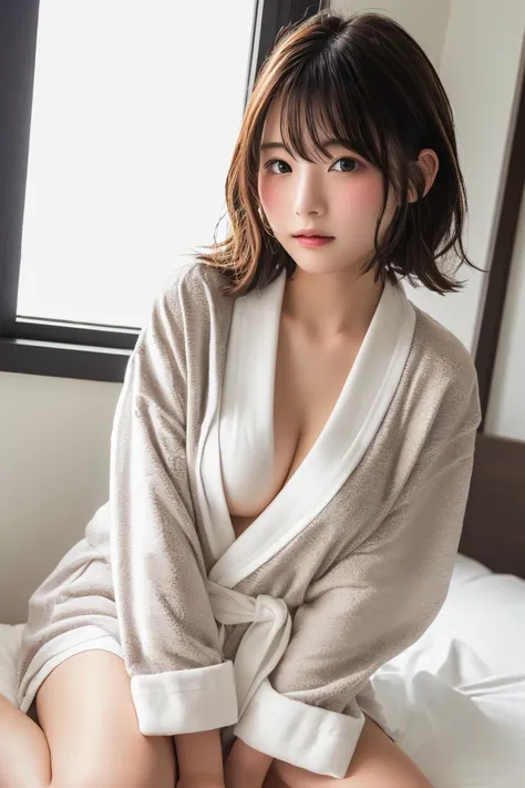 Highest quality, (beautiful)、Stylish、Soft Breasts、Brown Hair、Close-up、Embarrassed、bed、Bathrobes、slouch