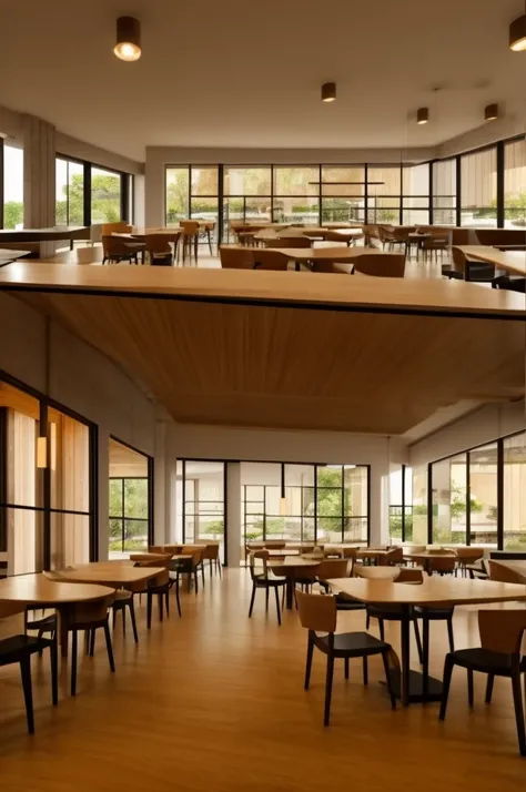 detailed cafeteria interior, large minimalist windows, cozy and simple, minimal people, natural lighting, clean design, warm color tones, wooden furniture, inviting atmosphere, atmospheric, high quality, photorealistic, 8k, 4k, extremely detailed, hyper-re...