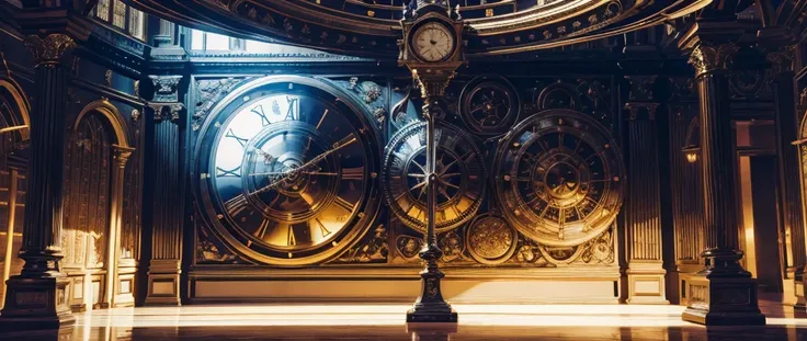 There is a clock on the ceiling of a building., Infinite Space Clock Background, Infinite Celestial Library, Alchemist&#39;s Library Background, background technologywork, Animation New Art Universe Display, Intricate sparkling atmosphere, background techn...