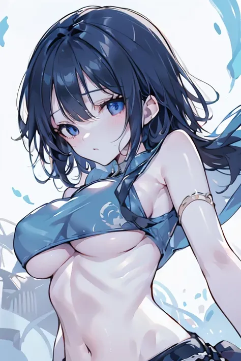 1girl,solo,(A face seen from afar),closeup underboob,(closeup underboob,underboob focus:1.3),lying on bed,perspective,arch bend,mochi shaped breasts,deformed breasts,blue hair,Cobalt Hair,Short hair