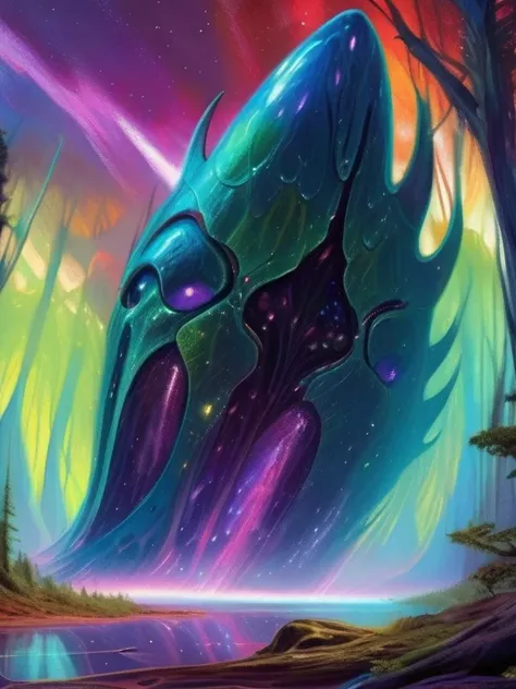 noah bradley style, detailed expressive eyes, fantasy style, venturing into the heart of the dense forest planet yourenotwelcomegoaway, the galactic explorer might encounter a majestic yet enigmatic slippery gumfoot. its (iridescent scales:1.4) make it sta...