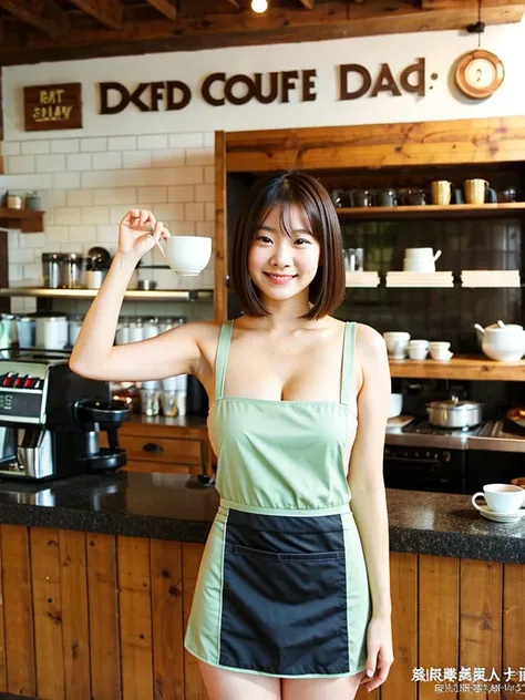 24 years old beautiful girl, (bob hair),(showing armpits), wearing naked apron, off-shoulders, show cleavage, full body photo, standing pose. Naked, at coffee shop, daring pose