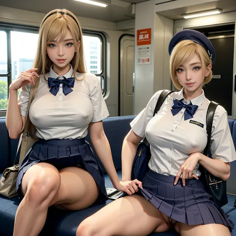 Highest quality，masterpiece，Ultra-high resolution, Very detailed, 8K，a 15 years old beautiful Japanese woman:1.5, Small face, Blonde、　Breast Augmentation Surgery, (High school uniform:1.5, Pleated skirt, bag), 　Spread your legs、　Sitting in a Yamanote Line ...