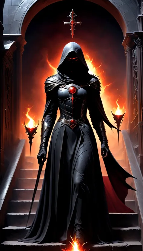 Holy church background，The messenger of hell descended the stairs，Arad woman in black dress，A gray cloak covers the face，Bronzed spiked armor，Magnificent、Mystery，With a feeling，Holding a crimson sickle on the stairs，Dark fantasy art, Abaddon and Magalieu V...