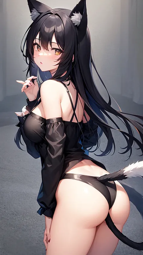 girl with cat ears and tail dark black hair