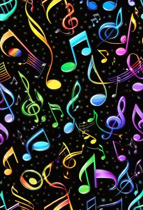 Black background, rainbow colored musical notes