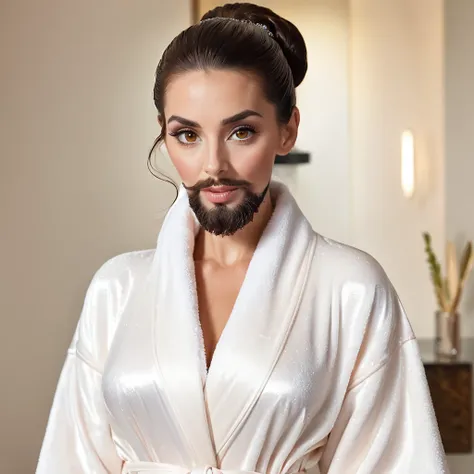 bearded lady with voluminous beard, brown eyes, wet brown hair slicked back, big nose, in dressing gown