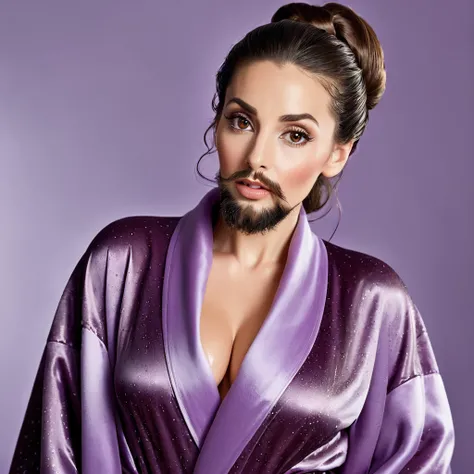 bearded lady with voluminous beard, brown eyes, wet brown hair slicked back, big nose, in dressing gown