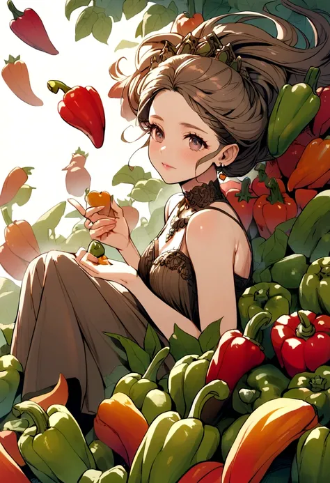 a  fairy flying over a pile of Peppers , holding one Pepper on her hand