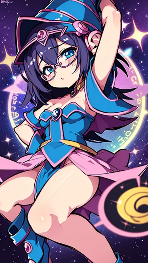 the dark magician, epic poses, view of the camera from below, detail in the eyes, two dark wizards, rostro kawaii, kawaii color palettes, chibis, Nice Glasses, No deformities, realist, perfect lines 