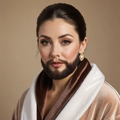 bearded lady with voluminous beard, brown eyes, wet brown hair slicked back, big nose, in dressing gown